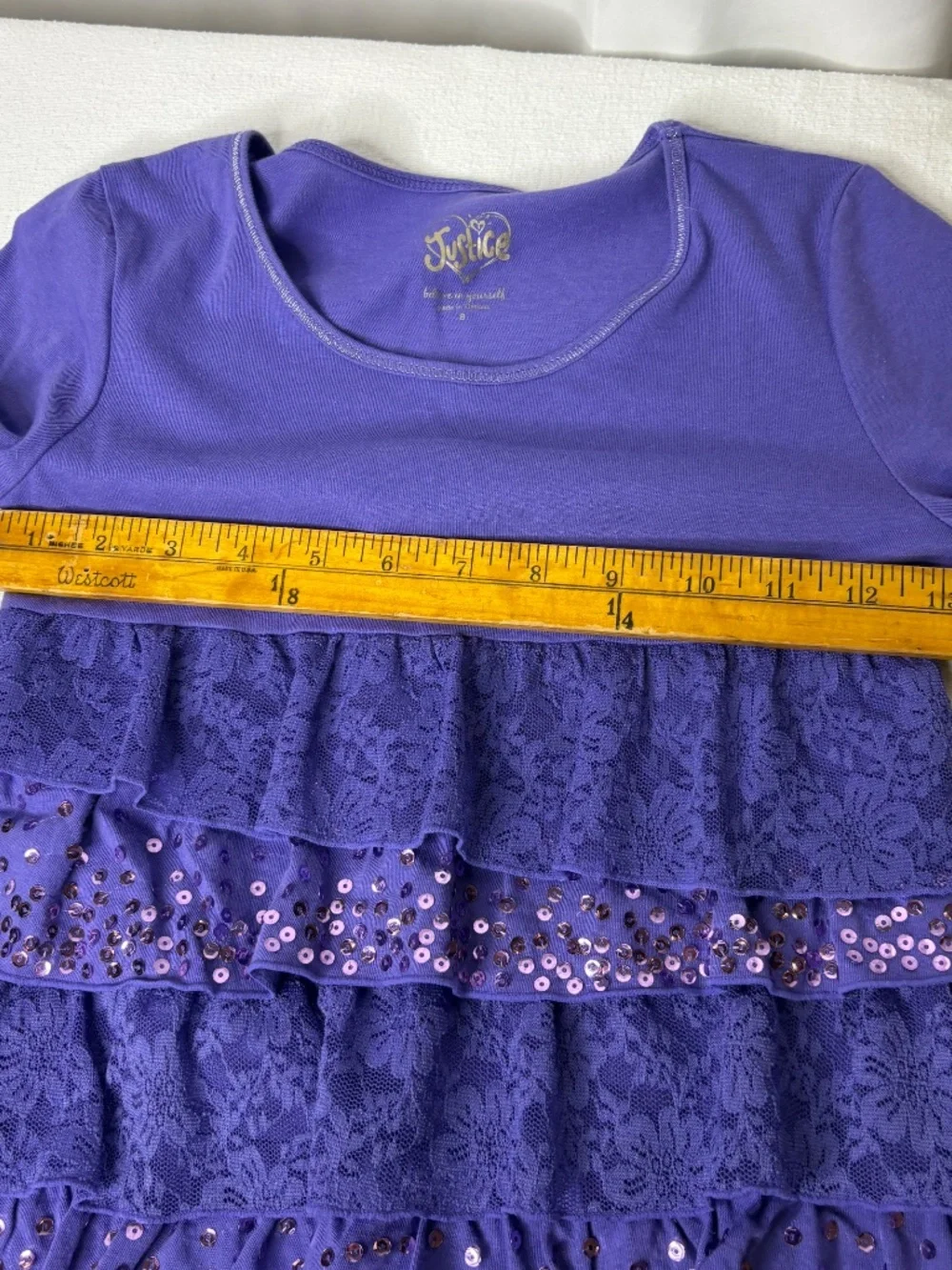 Justice Girls 8 Purple Long Sleeve Tiered Ruffle Lace Sequin Dressy Shirt Top
